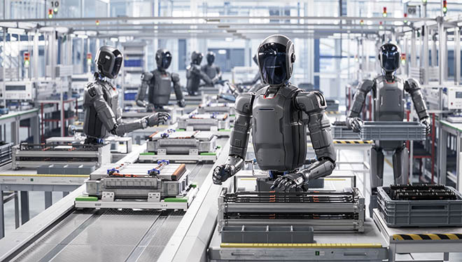 Team of robots working on an assembly line.