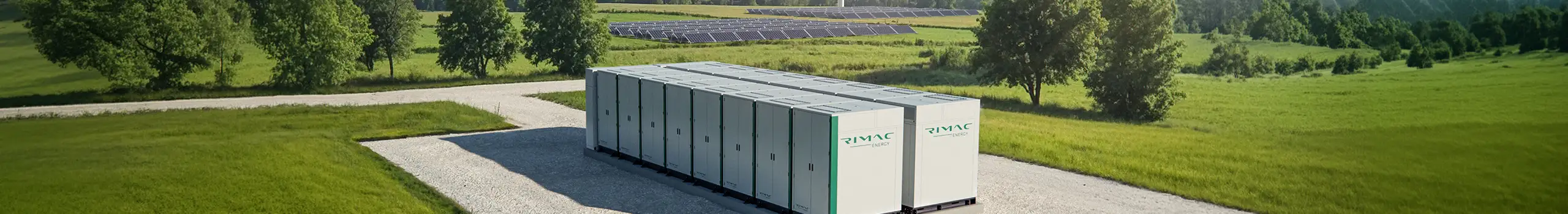 Rimac Energy battery storage with solar panels and wind turbine.