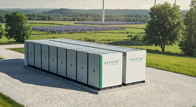 Rimac Energy battery storage with solar panels and wind turbine.