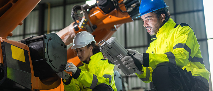 Engineers in hard hats and high-vis jackets working on robot.