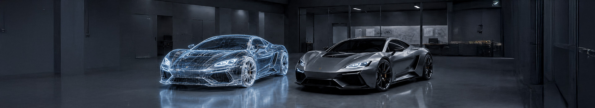 Grey sports car next to its blue wireframe digital twin.