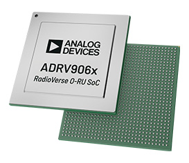 Analog Devices ADRV906x radioverse system-on-chip shown from top and bottom, used for advanced wireless communications.