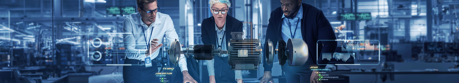Three people looking at a holographic image of a variable speed drive motor