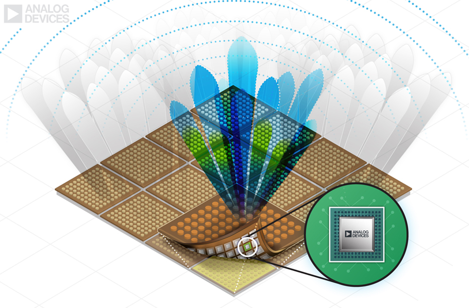 Graphic image shows the top portion of an all-digital panel with antennas, as well as, the under side of one panel with focus on one area of the 'At-the-Element' sensing technology.