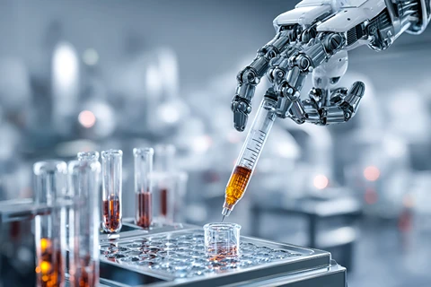 Robotic arm dispenses liquid into beaker in a science lab.