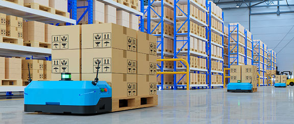 Modern warehouse with tall blue shelves, autonomous robots transporting pallets on polished concrete floor.