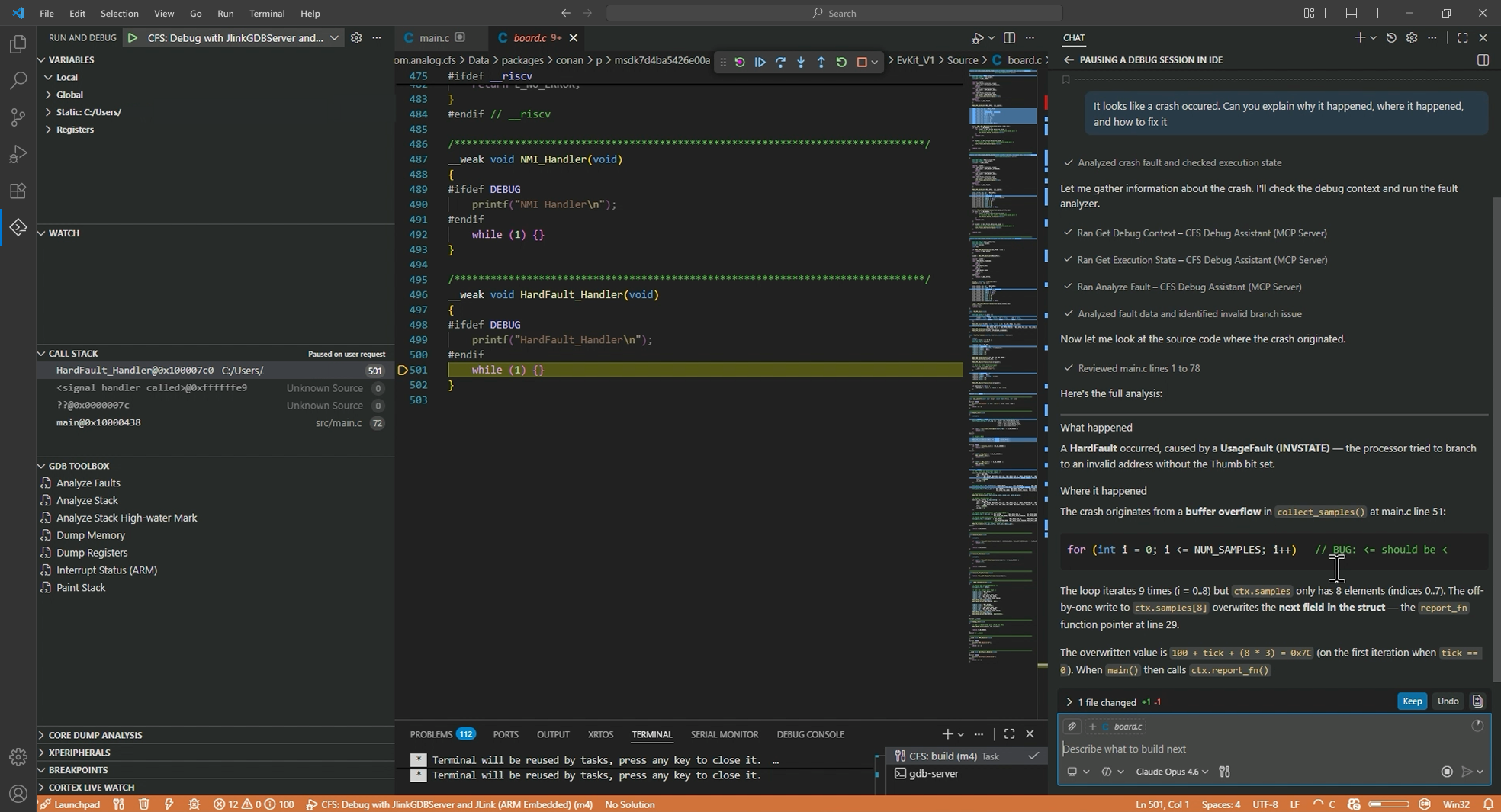 IDE debugging C code, highlighting a buffer overflow crash analysis.