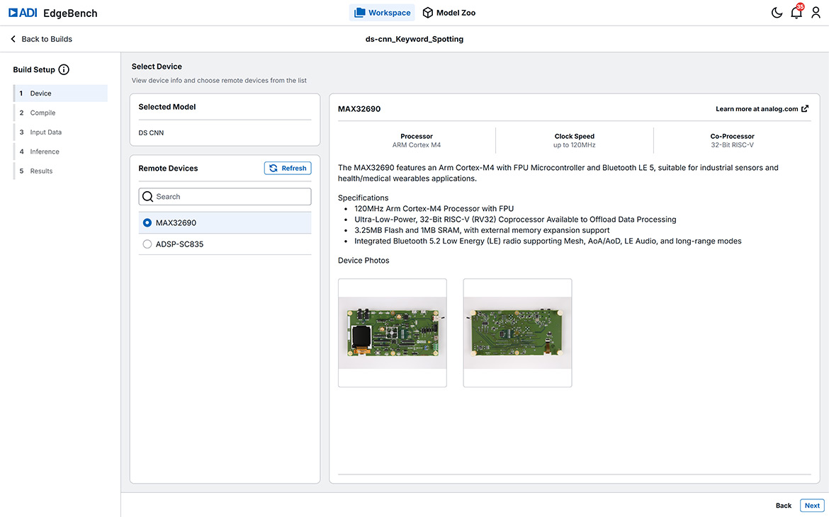 EdgeBench UI: MAX32690 Device Selected