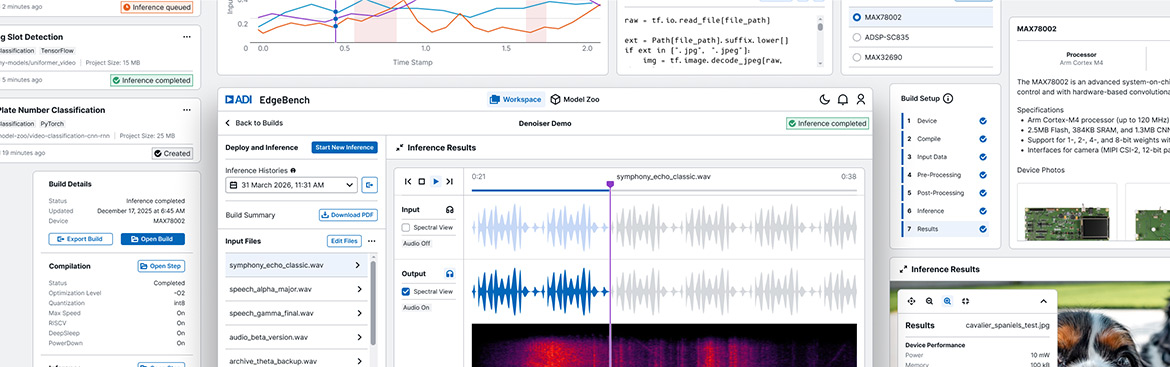 ADI EdgeBench software showing audio denoiser demo and inference results.