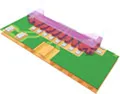 Purple microfluidic chip on a green circuit board.