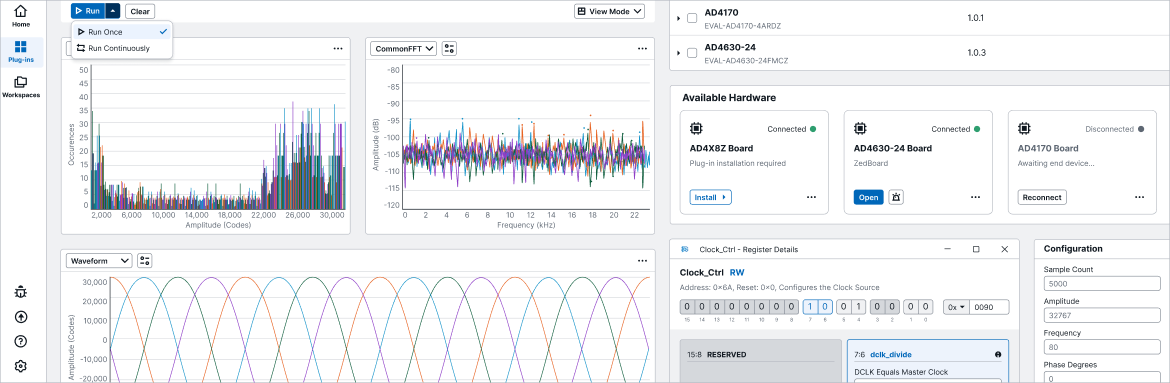 Showcasing multiple views from Evaluation Studio: waveform and histogram analysis charts, the homepage with connected evaluation boards, and the register configuration view