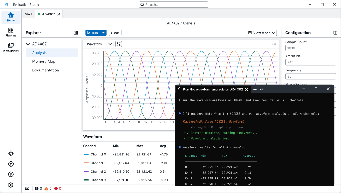 Terminal running showcasing an AI-agent connected to Evaluation Studio via MCP, demonstrating AI-driven control of the evaluation workflow through natural language commands