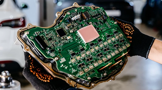 Gloved hands holding an EV power inverter circuit board.