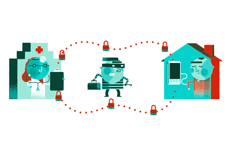 Hacker intercepts medical data between doctor and patient.
