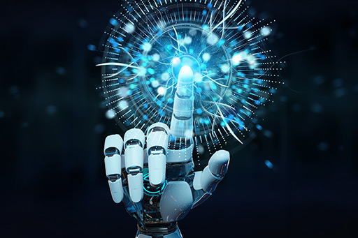 Robotic hand touching a glowing digital interface.