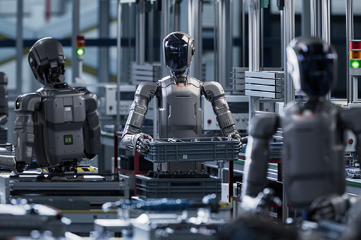 Three humanoid robots on an assembly line, one holding a crate.