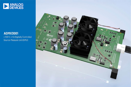Analog Devices ADMX3001 digitally controlled SMU development board with heatsinks and components.