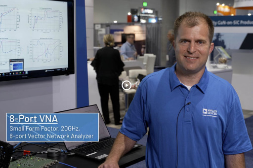 Analog Devices booth showcasing 8‑port VNA small‑form‑factor 20 GHz vector network analyzer.