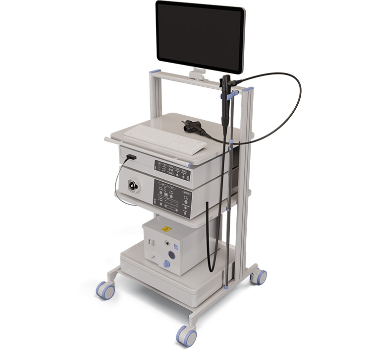 Medical endoscopy equipment cart with a monitor, control units, and endoscope