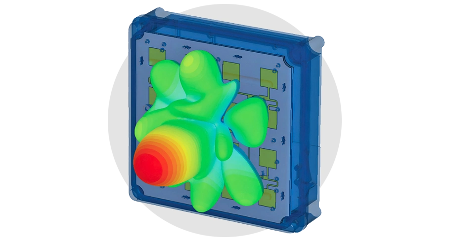 3D visualization of a multi-lobe radiation pattern emanating from a small phased array antenna module.