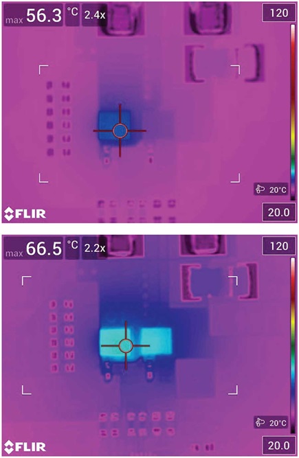 Figure 6. Thermal capture of transition losses due to dead time modes. The top image is taken at 24 V<sub>IN</sub> and 12 V<sub>OUT</sub> at 10 A using smart near-zero dead time mode and optimized gate resistance, resulting in a peak temperature of 56.3°C on the top FET. The bottom image shows identical conditions with 35 ns (typical) dead time configured in R<sub>SET</sub> mode. Both FETs increase in temperature to 66.5°C with no additional power delivered at the output.