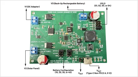Power bank charger circuit board with DC, battery, and UVLO labels.