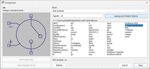 Figure 1. Selecting a switch from the Component dialog. Figure 1. Selecting a switch from the Component dialog.