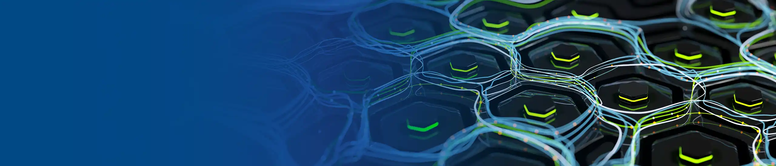 Black hexagons connected by neon green and blue lines with a high-tech, futuristic look.