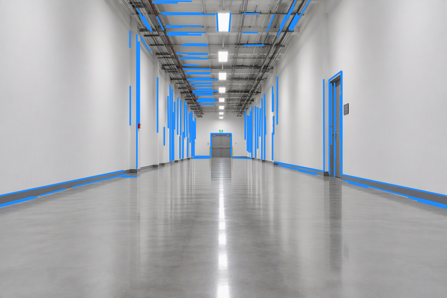 A featureless corridor commonly found in warehouses that makes typical scanning LIDAR odometry degenerate and where too few point features exist to constrain visual odometry. (IMAGE GENERATED USING AI)