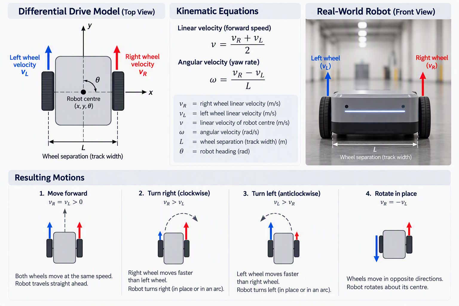 Differential-drive kinematics for an industrial mobile robot. Independent left and right wheel velocities enable straight-line motion, turning, and rotation in place. In this work we support the differential-drive and Ackermann steering models (IMAGE GENERATED USING AI).