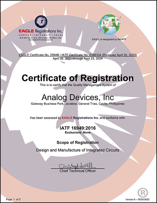 Analog Devices Quality Certificate ISO/TS 169492009