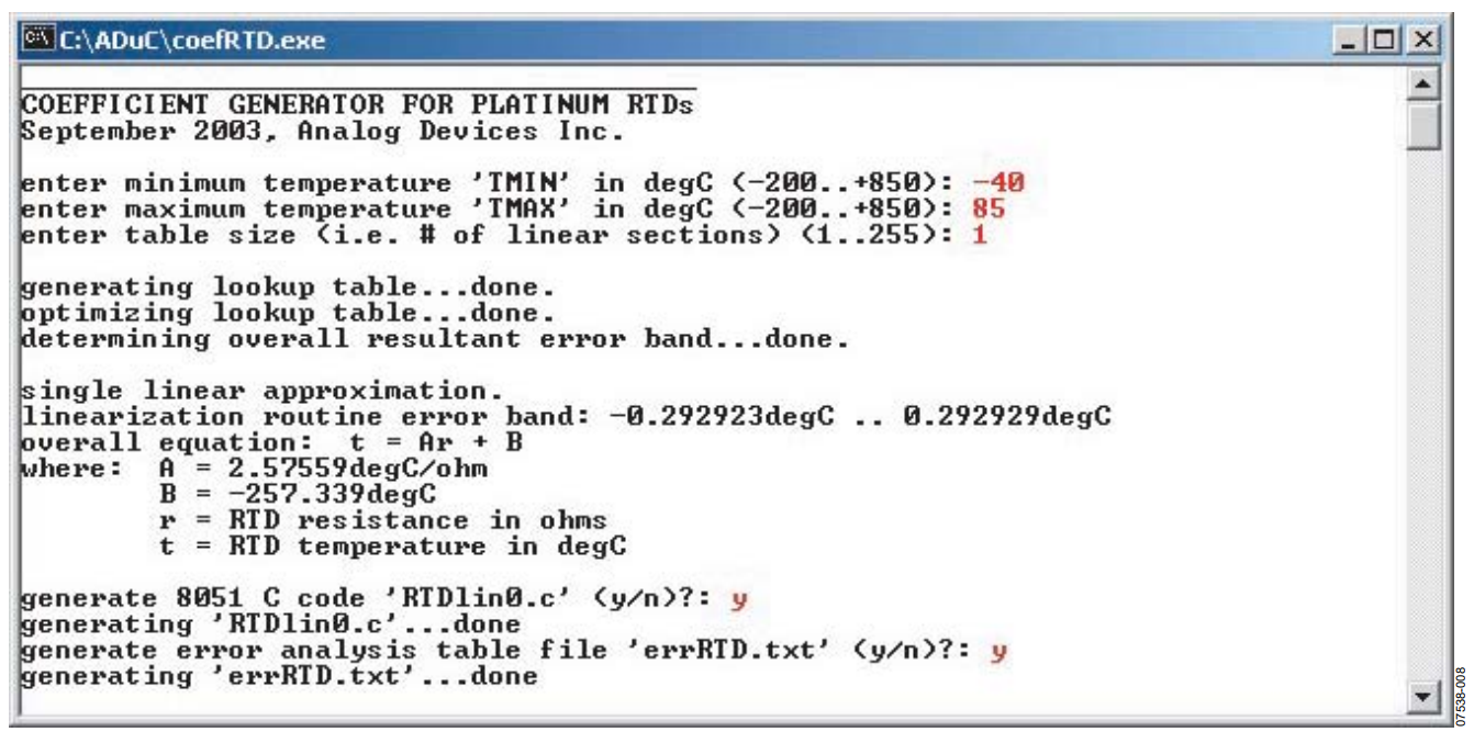 Figure 8. Coefficient Generator Session Example with Single Linear Approximation (User Input in Red).