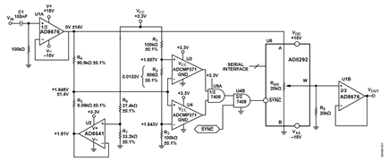Figure 1. Logarithmic audio volume control with glitch reduction (Simplified schematic: decoupling and all connections not shown).