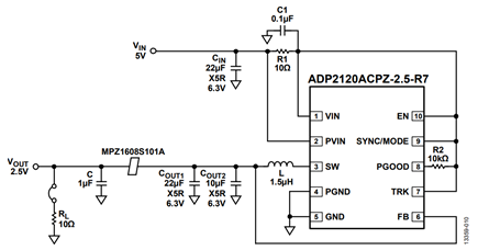 Figure 12. ADP2120 application circuit with bead and capacitor low-pass filter implementation for DC bias effect