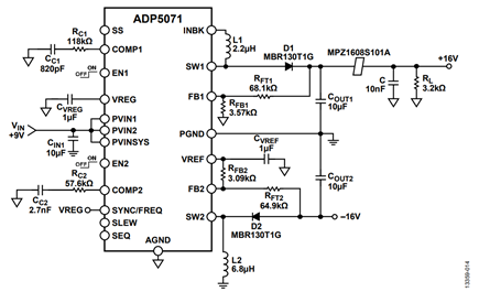 Figure 17. ADP5071 application circuit with bead and capacitor low-pass filter implementation on positive output