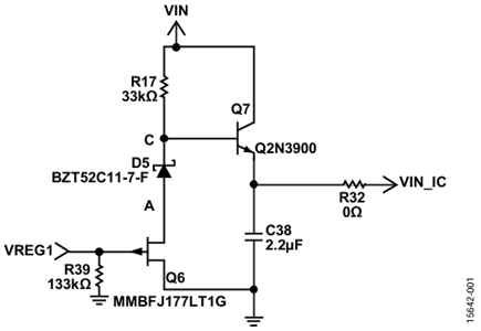 Figure 1. Input voltage for VDD1 with lowest dissipation; VREG1 is powered by auxiliary winding (not shown); zener dissipation is eliminated.