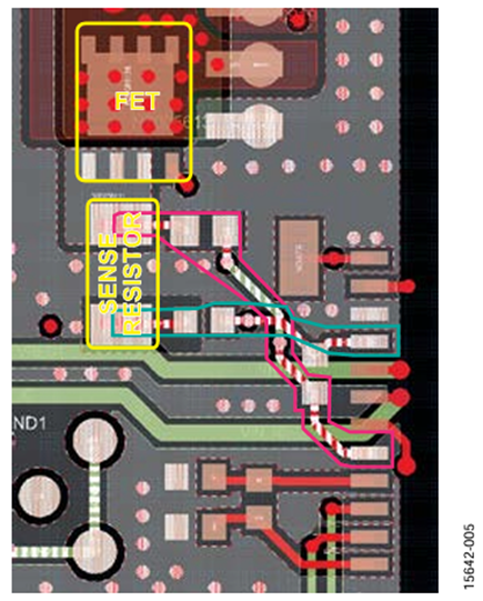Figure 8. Layout highlighting CS lines in light pink and blue.
