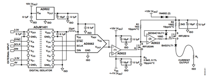Figure 1. 16-Bit, Isolated, 4 mA to 20 mA, Industrial Control Output Module (Simplified Schematic)