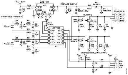 Figure 3. AD7150 in an automotive door handle application in standalone operation.