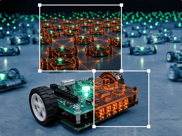Swarm of circuit board robots with green lights and orange network.
