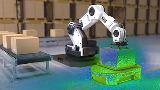 Robotic arm lifts box from AGV, sensor data visualized.