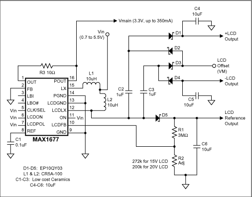 Figure 2. This single-IC circuit generates the dual voltages required to control contrast in an STN LCD.