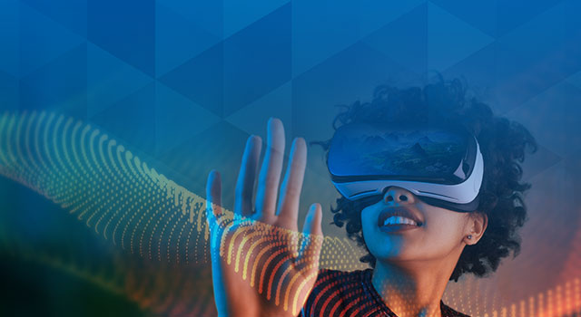 Graphic image shows a woman with a Virtuality Reality Headset over her eyes. She is reviewing an image of a picturesque landscape, shown on the lens.