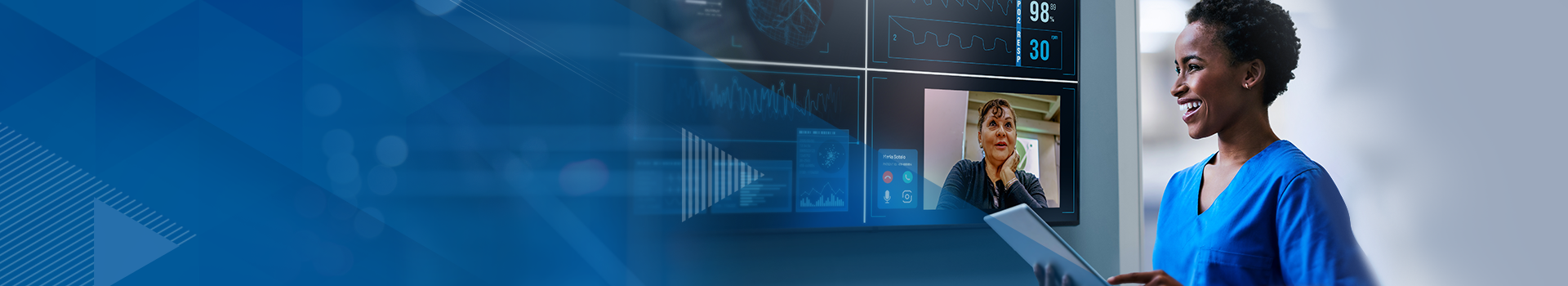 Banner graphic image shows a female nurse reviewing medical data on a tablet and on a large screen TV panel.