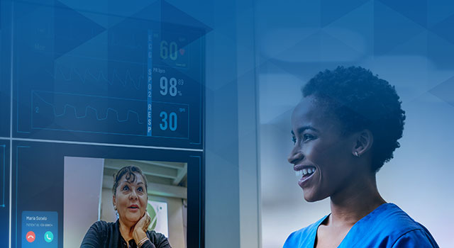 Graphic image shows a female nurse reviewing medical data on a tablet and on a large screen TV panel.