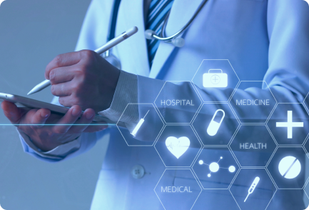 The hands of a doctor writing on an ipad with an overlay of health related icons