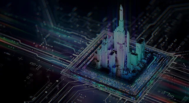 A stylized city embedded within a glowing circuit board.