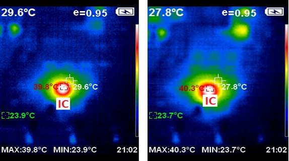 IC temperatures with 9LED/String, 100mA/String &times; 4, 400kHz before and after a 100ms crank.