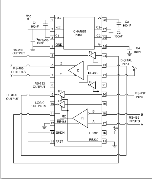 MAX3162 converts bidirectionally between RS-232 and RS-485 signals in a point-to-point application.