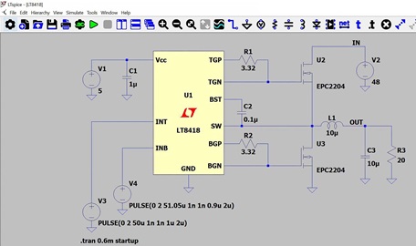 Figure 3. Evaluating an SMPS with GaN power switches within the LTspice simulation environment. Figure 3. Evaluating an SMPS with GaN power switches within the LTspice simulation environment.